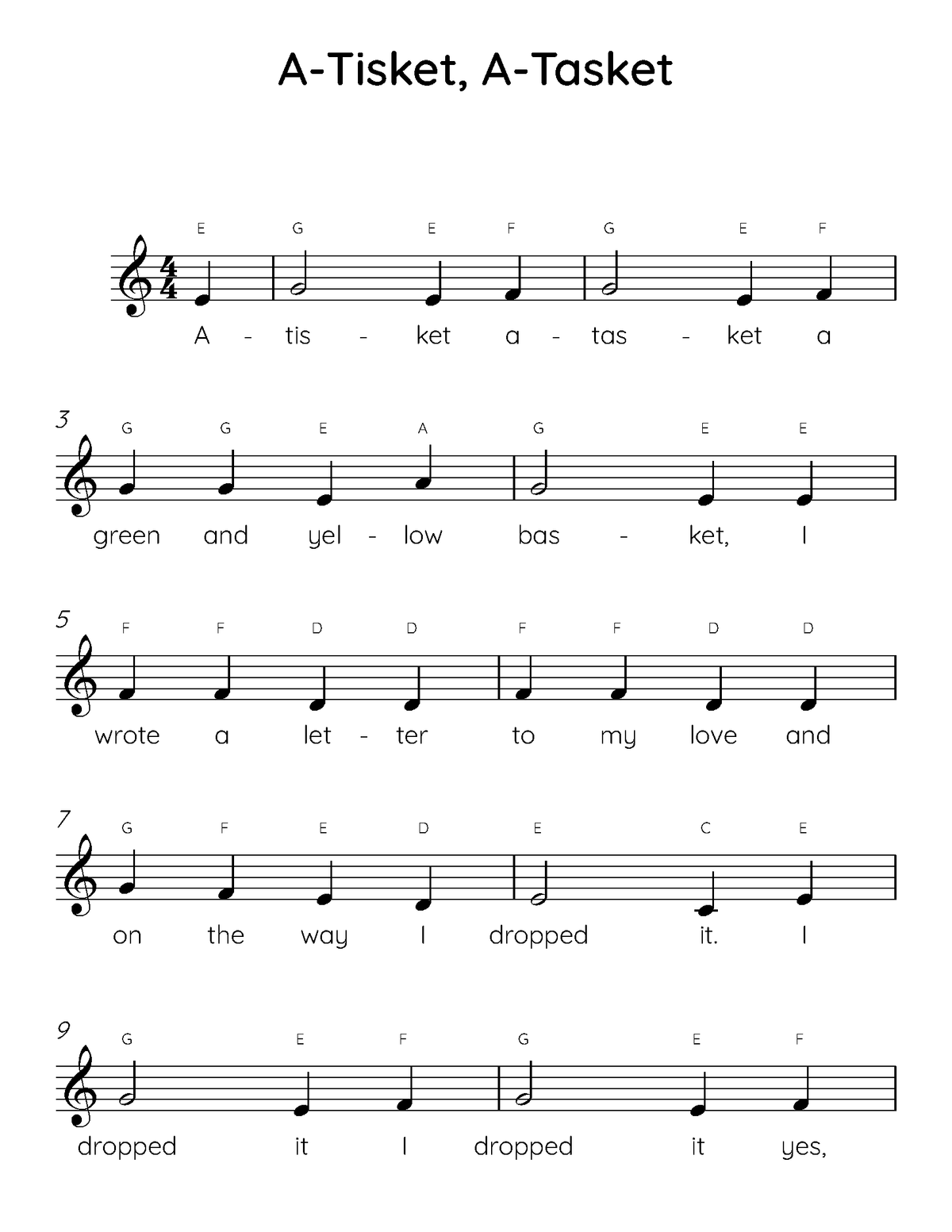 A Tisket A Tasket Easy Piano Sheet Music