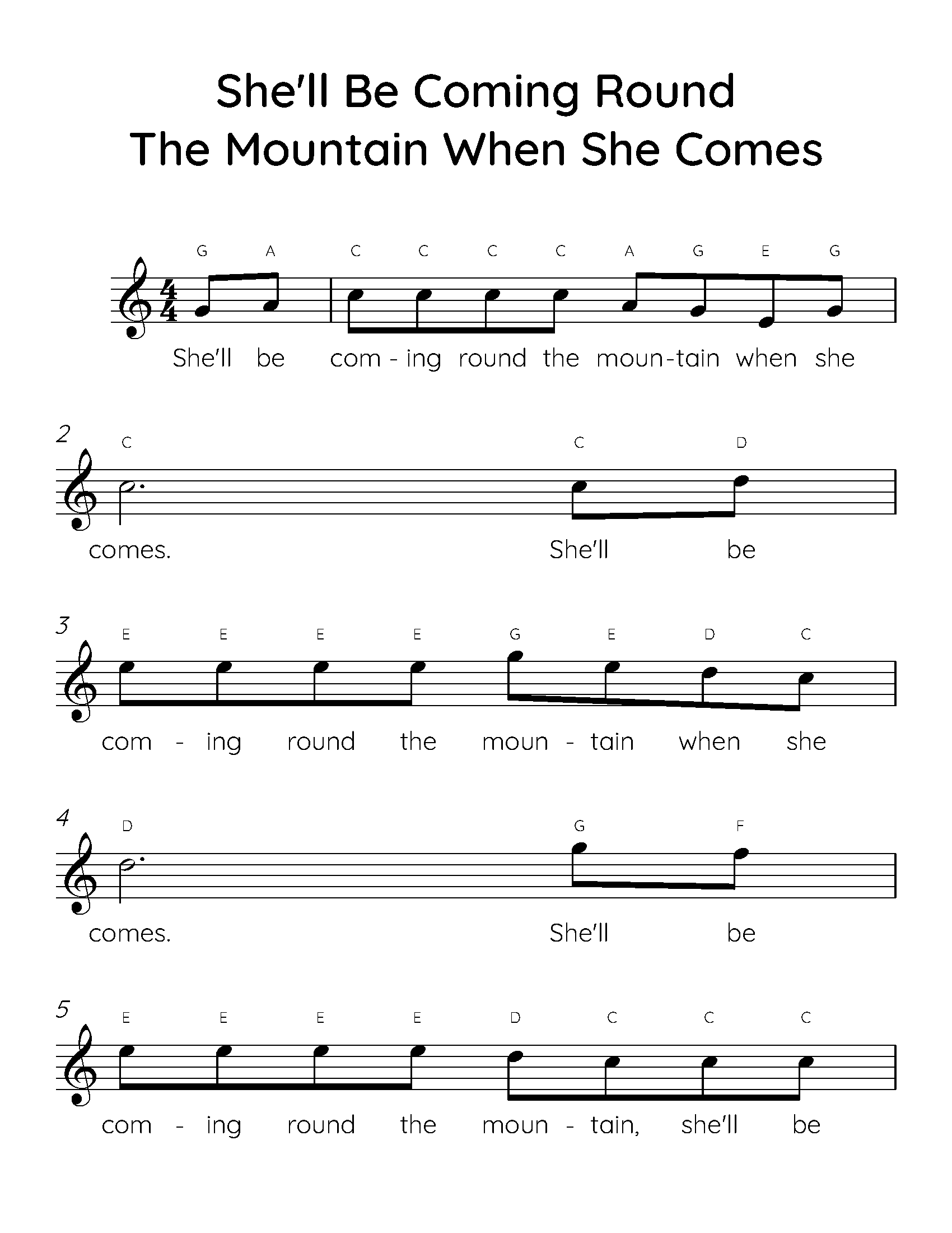 She'll Be Coming Round The Mountain When She Comes - Easy Piano Sheet