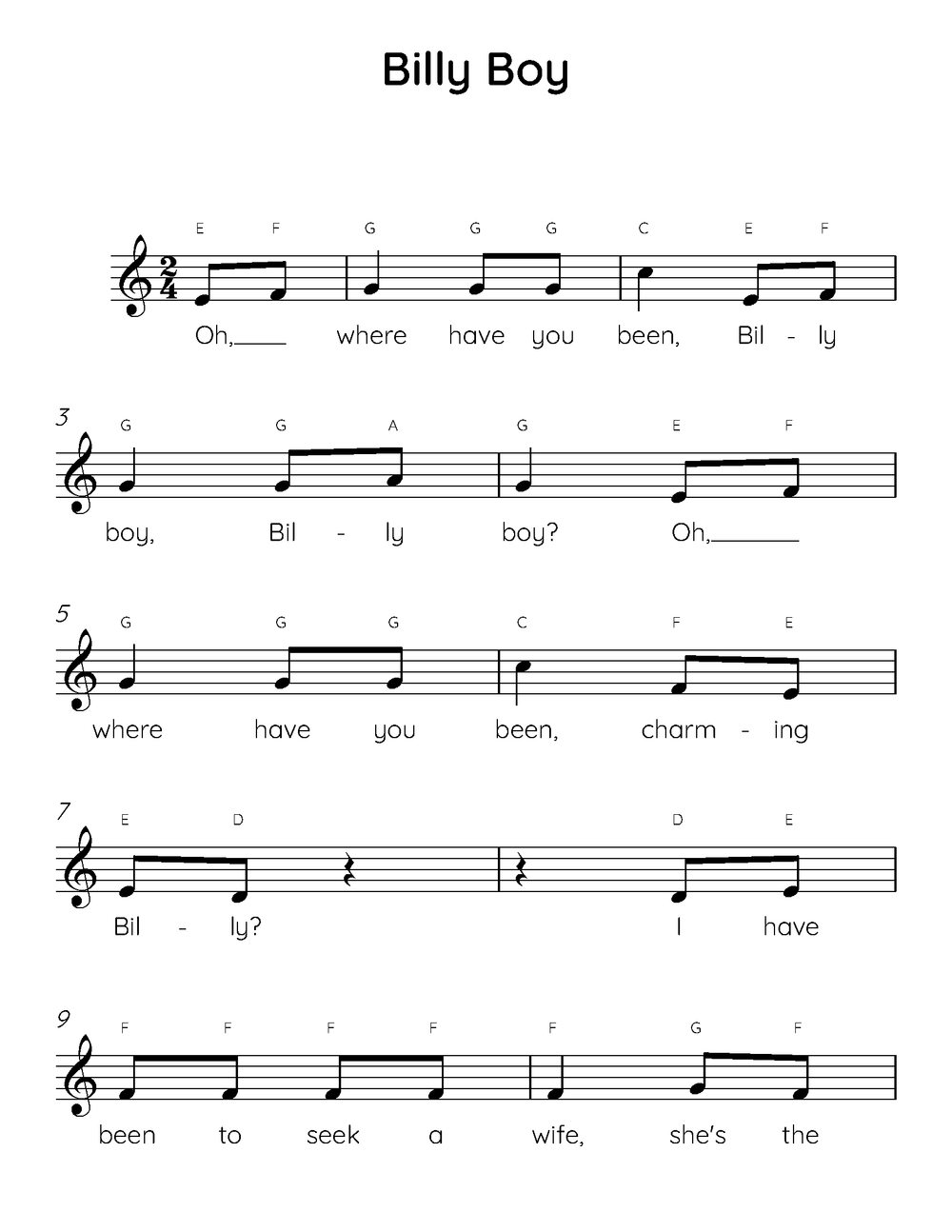 Billy Boy Easy Piano Sheet Music