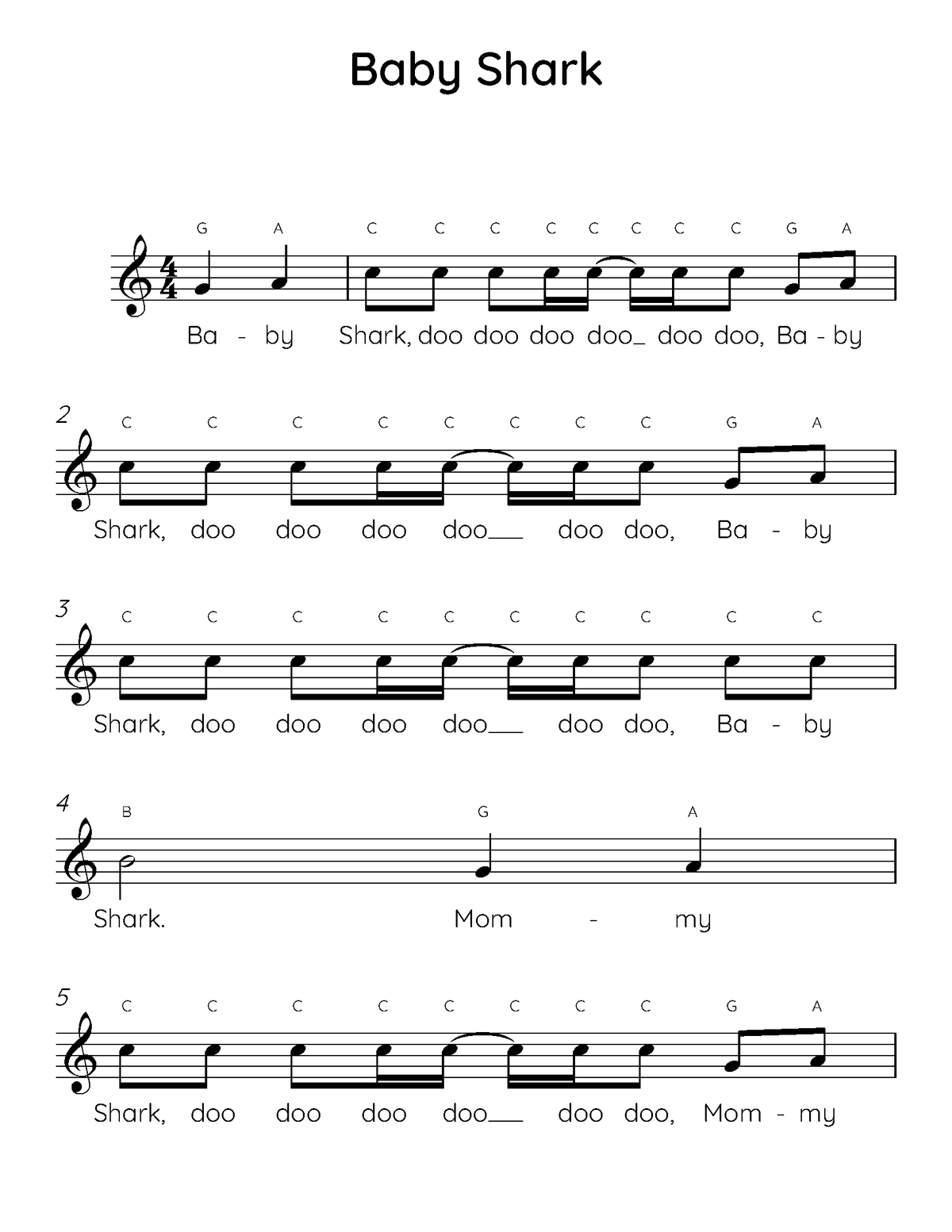 Baby Shark Easy Piano Sheet Music