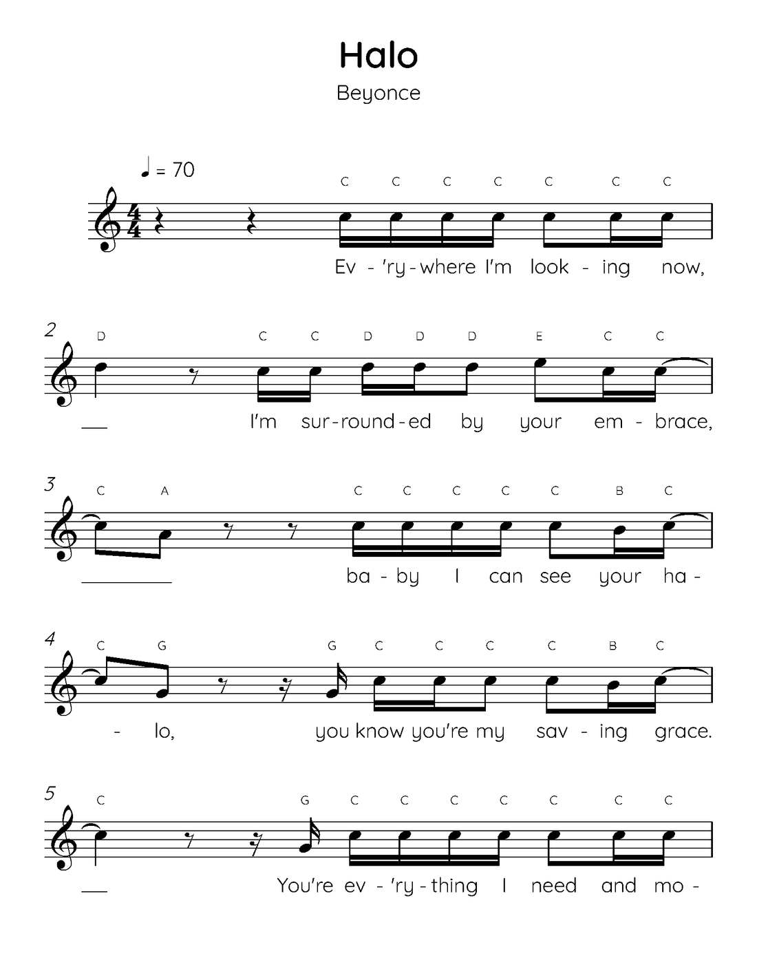 Halo Easy Piano Sheet Music